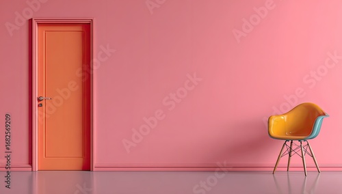 A single coral door in a pale pink room, with a vibrant yellow and teal chair