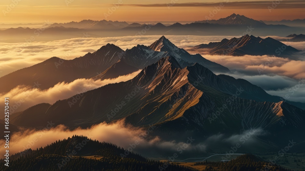 Fototapeta premium Majestic mountain peaks pierce through a sea of clouds at sunrise.