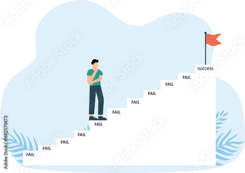Frustrated businessman animation giving up before reach the success flag on the top of stairs concept
