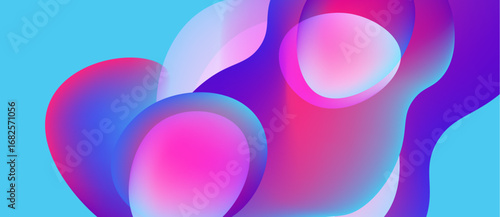 Abstract fluid shapes overlap, creating vibrant pinks, blues, purples. Background is bright turquoise. Smooth gradients define forms.