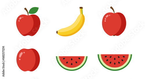 "Vector Flat Fruit Set: Apple, Banana, Watermelon, Orange, Pear"