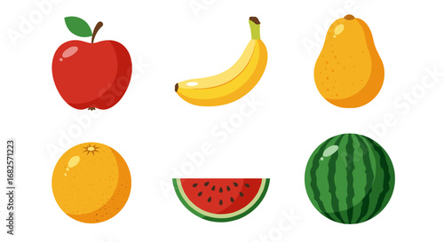 "Vector Flat Fruit Set: Apple, Banana, Watermelon, Orange, Pear"