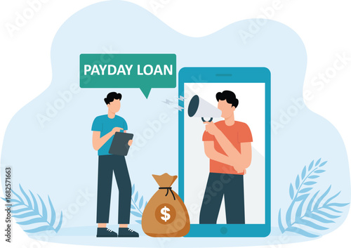Young man animation talking about payday loan with his employee while using megaphone. Cartoon in 4k resolution concept
