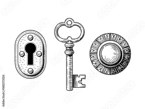 Antique Key Keyhole and Doorknob Illustration Black and White Vintage Style Lock and Key Concept Security and Access