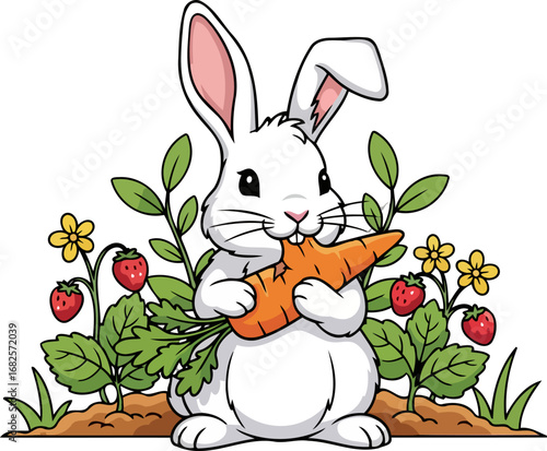 adorable white bunny relishing a crunchy carrot in a vibrant strawberry patch, isolated on transparent background