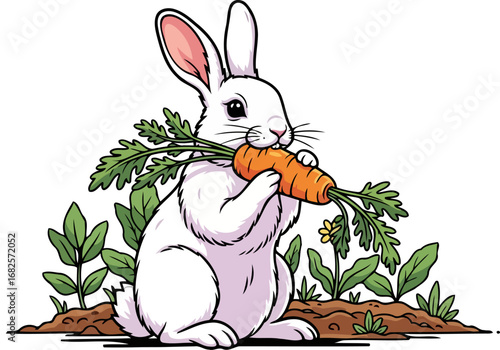 adorable white bunny rabbit enjoying a crunchy carrot in its garden patch, isolated on transparent background