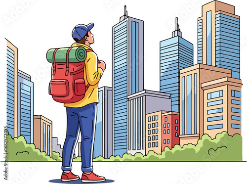 adventurous backpacker contemplates urban exploration a cityscape dream, isolated on transparent background