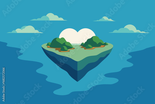 Floating island with green hills and a heart shaped sun in a blue ocean with clouds