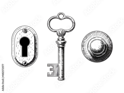 Vintage Key with Keyhole and Doorknob Black and White Etching Style Illustration for Security Solutions and Antique Designs
