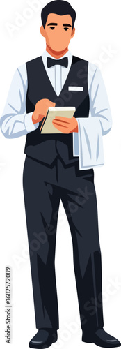 attentive restaurant waiter taking order professional service, fine dining experience, isolated on transparent background