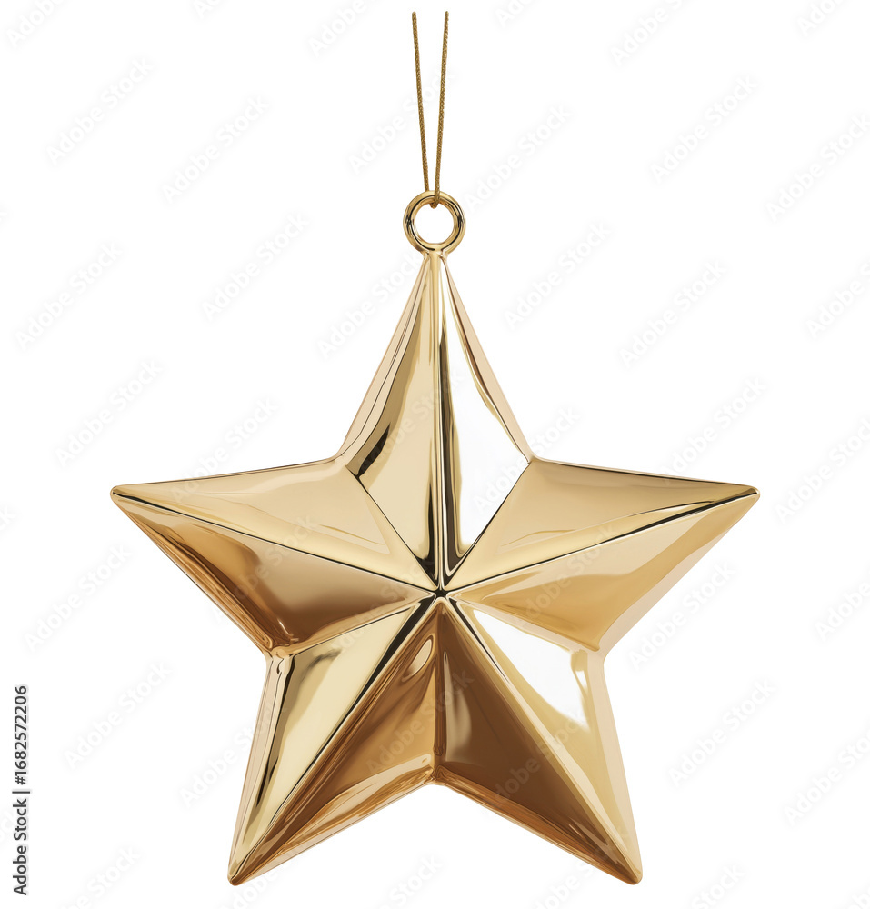 Fototapeta premium Three-dimensional golden star with hanging hook and string isolated on transparent background