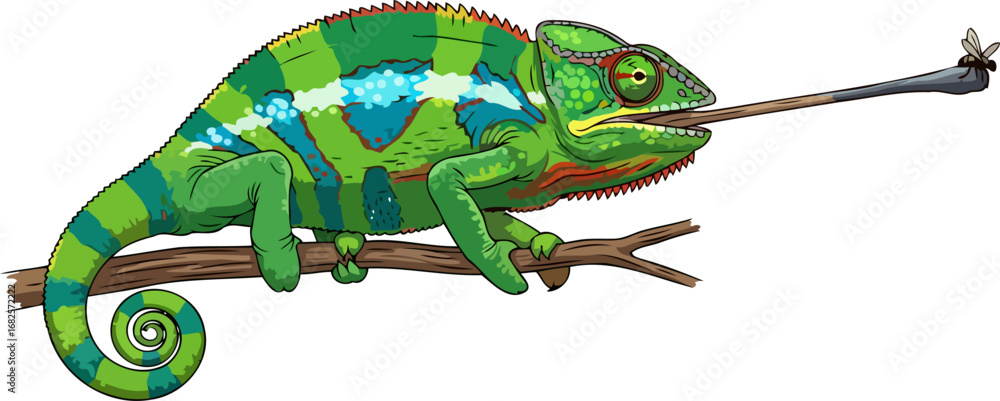 Fototapeta premium chameleons lightningfast strike a vibrant reptile expertly catches its prey, showcasing natures incredible speed and precision, isolated on transparent background