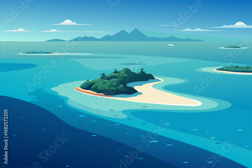 Serene tropical islands and turquoise ocean waters under a clear blue sky