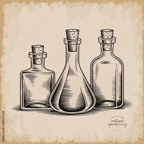 Antique Apothecary Bottles Hand Drawn Illustration Medicine and Science Concept Historical Drugstore Collection Vintage Laboratory Glassware with Cork Stoppers on Parchment Background