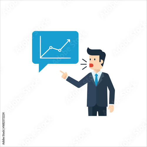 A cartoon businessman actively presenting an upward trending line graph within a speech bubble, symbolizing progress and financial growth.