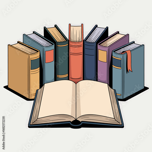 Illustration of Colorful Books Arranged in a Semicircle with an Open Book in Front for Reading and Studying