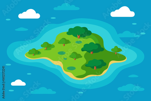 Vibrant cartoon island with lush green trees and sandy shore surrounded by blue ocean waves and fluffy clouds