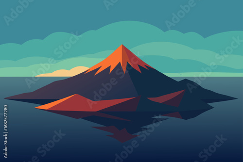 Stylized flat design illustration of a volcanic island with glowing orange lava and reflection in the calm blue water under a cloudy sky
