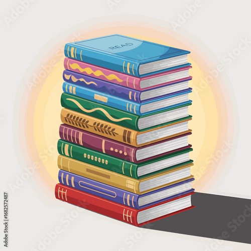 Stack of Colorful Books Illustration Representing Knowledge Education and Reading with a Decorative Backdrop