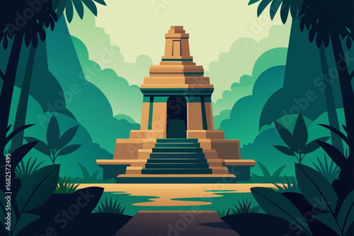 Ancient stone temple with steps nestled in a lush green jungle with tropical foliage and misty mountains in the background