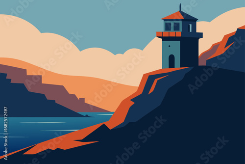 Minimalist illustration of a lighthouse on a rocky cliff overlooking the sea with stylized clouds in the sky