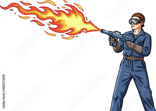 female industrial worker wielding a fiery torch a blaze of skill and precision, isolated on transparent background