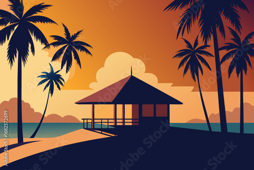 Tropical beach pavilion with palm trees silhouetted against a vibrant sunset sky