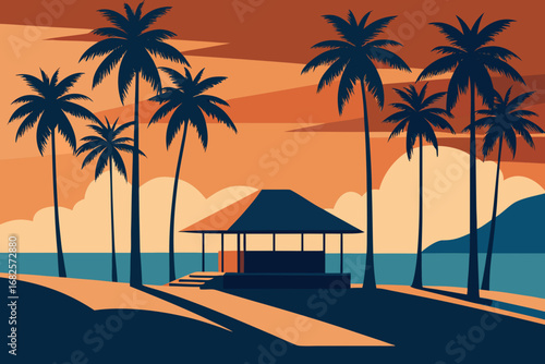 Serene tropical beach scene with silhouette palm trees and a hut at sunset