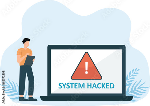 Businessman animation using a laptop with system hacked notification while working in the office concept

