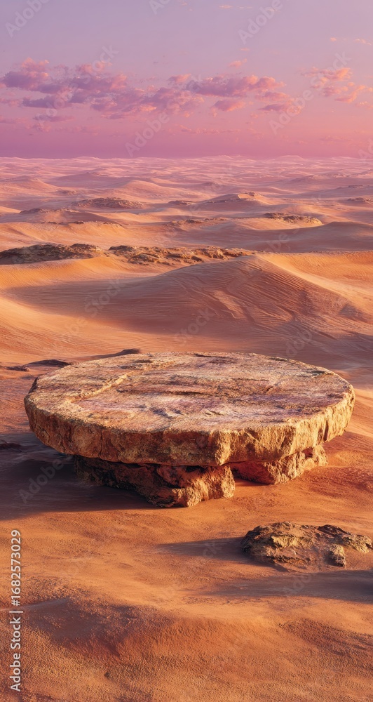 Fototapeta premium Sunset over a desert landscape with a large, flat rock formation in the foreground