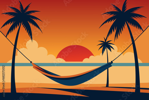Relaxing hammock strung between two palm trees on a tropical beach at sunset with a vibrant orange sky