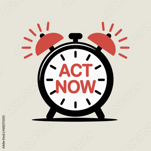 Retro alarm clock with red bells ringing loudly and the words act now prominently displayed on its face symbolizing urgency and immediate action required