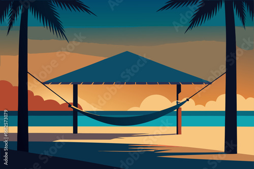 Serene tropical beach scene with a hammock strung between palm trees under a shelter at sunset