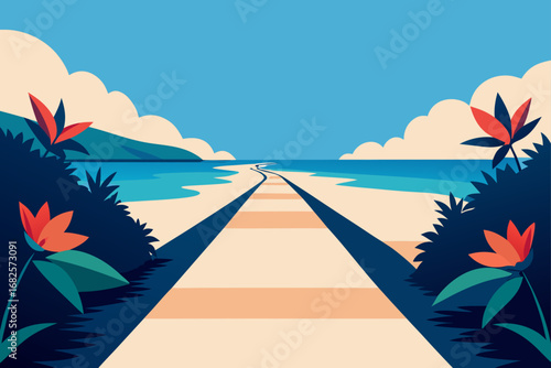 Stylized illustration of a pathway leading towards a serene ocean beach with tropical foliage and clouds