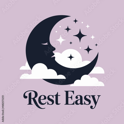 Serene crescent moon with a gentle face rests among soft clouds and twinkling stars conveying a message of peaceful slumber and tranquility