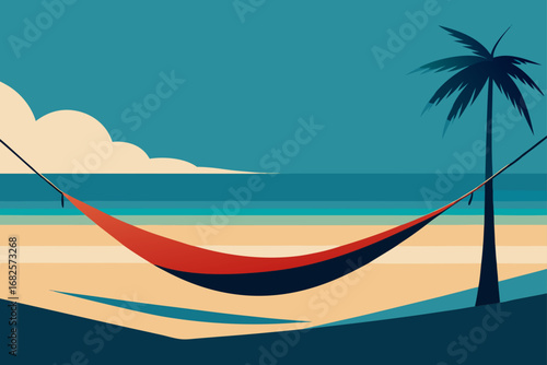 Stylized beach scene with a hammock strung between a palm tree and an unseen anchor overlooking the ocean and sandy shore