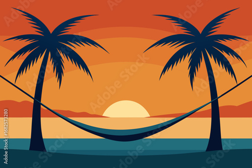 Serene tropical sunset with two palm trees and a hammock strung between them over the ocean