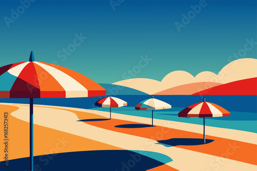 Stylized beach scene with striped umbrellas and rolling hills under a clear blue sky