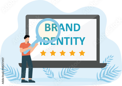 Businessman animation looking at brand identity text on computer while using magnifying glass. Cartoon in 4k resolution concept
