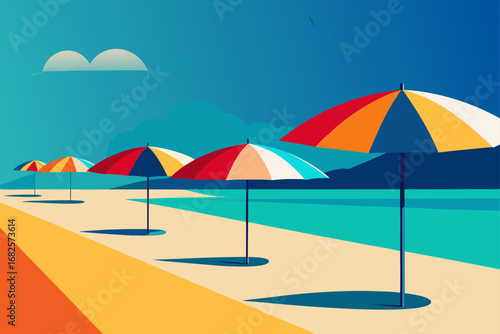 Vibrant beach scene with colorful umbrellas lined up on the sand under a bright blue sky with distant mountains and turquoise water