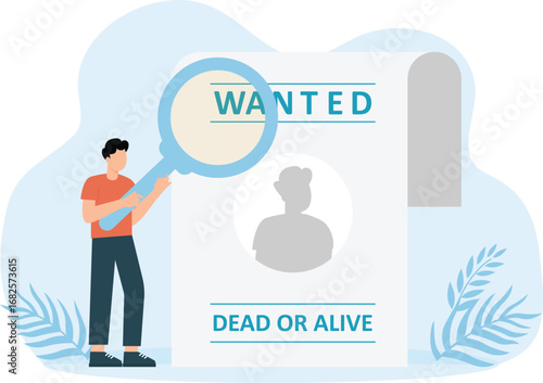 Male detective animation looking at wanted people on the poster while using magnifying glass. Cartoon in 4k resolution concept
