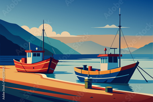 Two colorful fishing boats docked at a serene harbor with calm water and distant mountains under a clear sky