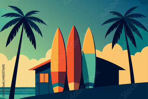 Three colorful surfboards stand upright in front of a beach hut with palm trees and a serene ocean backdrop