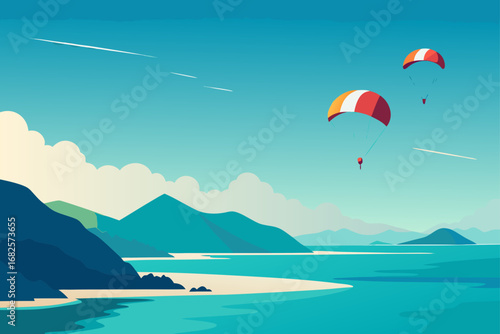 Two colorful paragliders soar over a serene coastal landscape with calm turquoise waters and distant mountains under a clear blue sky
