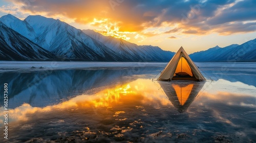 Tranquil camping escapade on frozen lake with mountains and ethereal sunset glow