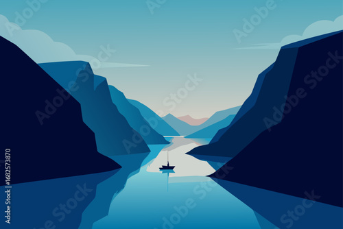 Serene minimalist illustration of a lone sailboat navigating a calm fjord surrounded by majestic blue mountains under a pale sky