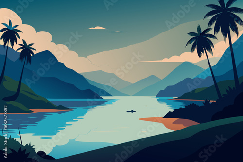Serene tropical bay with lush green hills palm trees and a calm turquoise water reflecting the sky