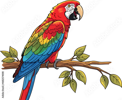 scarlet macaw perched on branch vibrant tropical bird illustration, isolated on transparent background