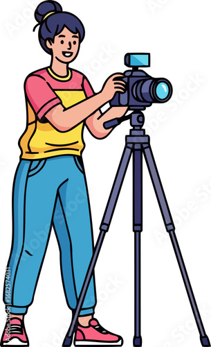 smiling photographer with dslr camera on tripod capturing lifes moments, creative vision, isolated on transparent background