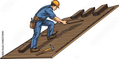 skilled craftsman installing durable roof shingles home improvement project, isolated on transparent background